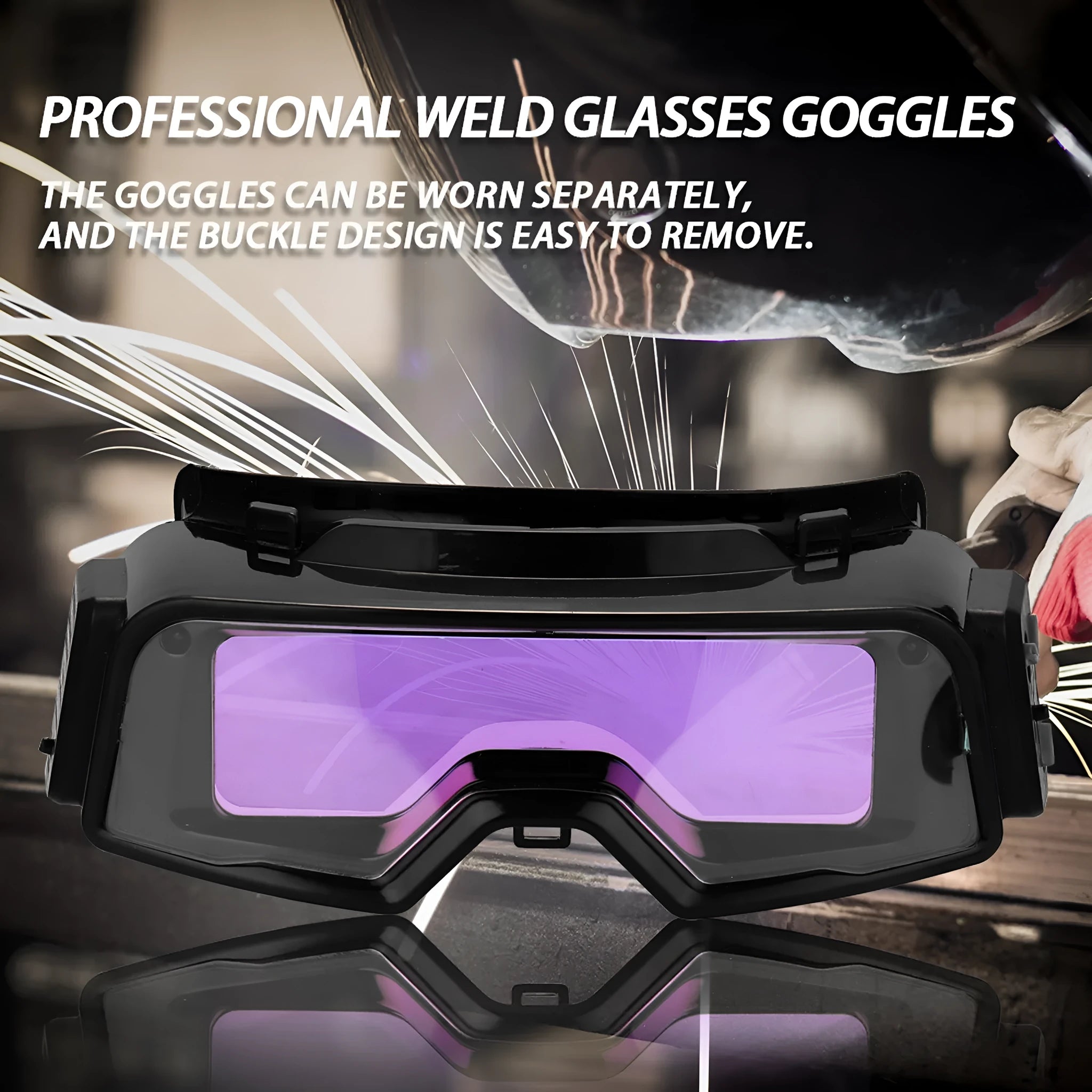 Black automatic darkening welding mask with a large rectangular viewing lens.