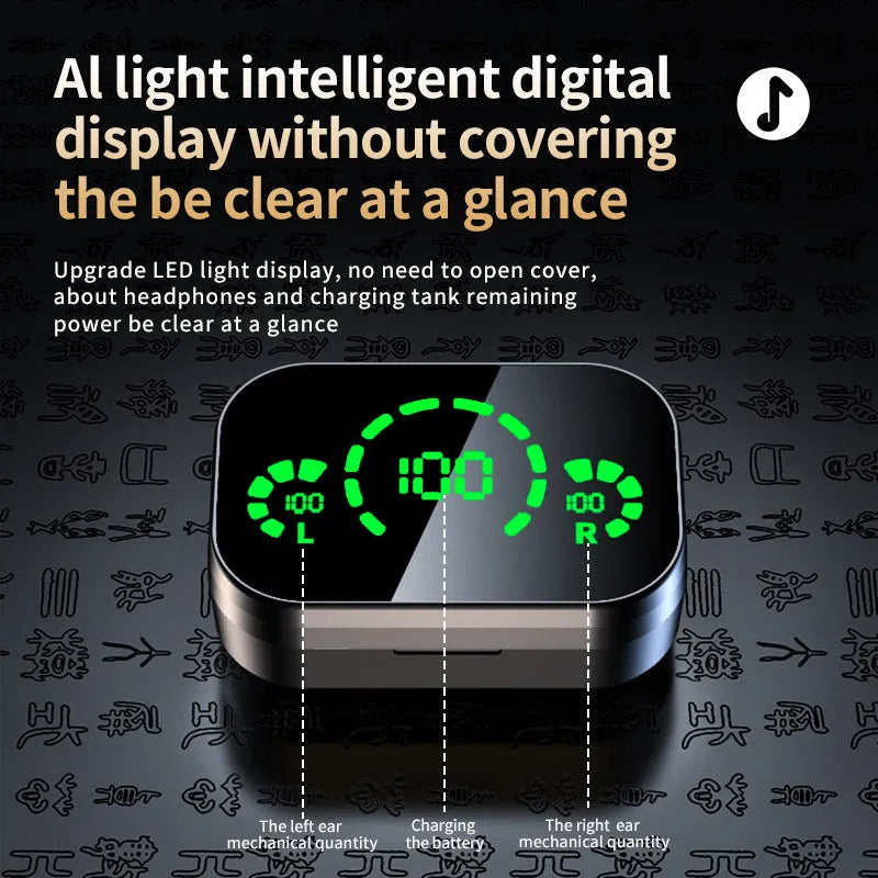 YD03 wireless TWS headset with smart digital display, breathing light, graphene diaphragm, and charging compartment