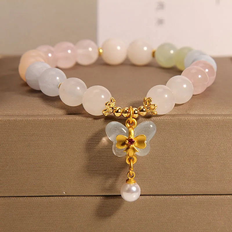 Natural morganite crystal bracelet with colourful butterfly pendant and adjustable chain