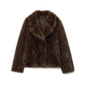 Women's brown double-sided faux fur jacket with fur collar and long sleeves, sizes XS to L, 50cm length