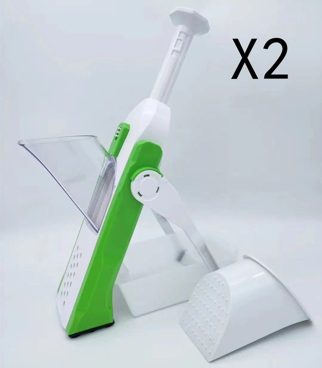 White and blue multifunctional vegetable slicer with stainless steel blades on a kitchen counter.