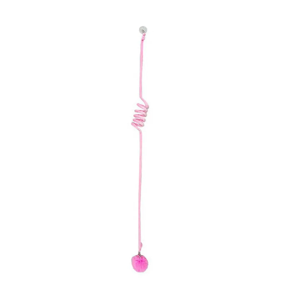 Spring cat toy with bell stick, inflatable ball, and suction cup mount in multiple colour options