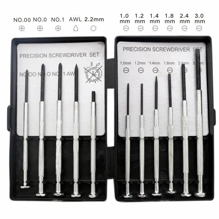 TH-6177 11 piece clock screwdriver set with cross and slotted heads on a non-slip handle.