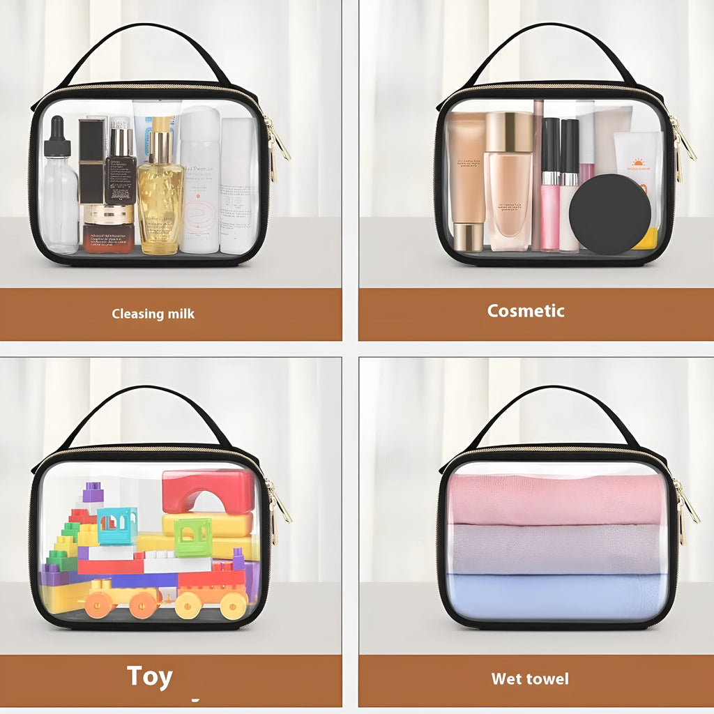 Transparent PVC lipstick storage bag with a metal chain handle, shown in multiple colour options.