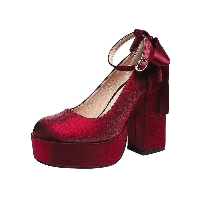 Women's chunky heel wedding shoes in wine red colour with decorative buckle detail