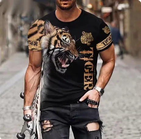 Men's black T-shirt with a large detailed fierce lion graphic print on the front