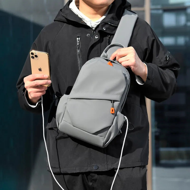 Men's black waterproof polyester crossbody bag with single shoulder strap