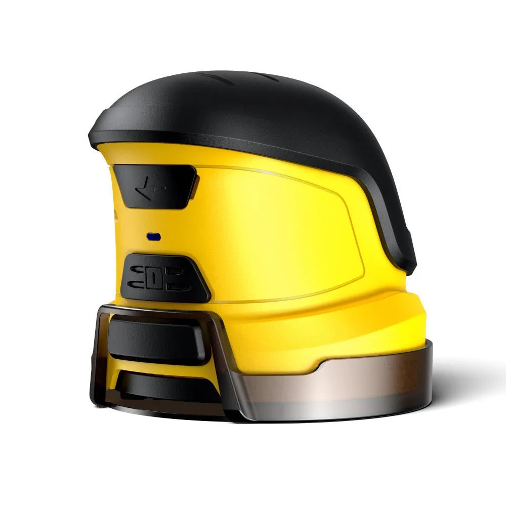 Yellow cordless electric car snow scraper with funnel shape and USB charging cable