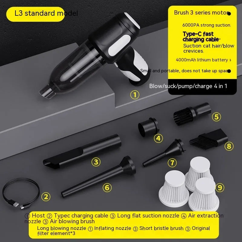 Handheld car vacuum cleaner with nozzle attachments in black, white, or grey colours