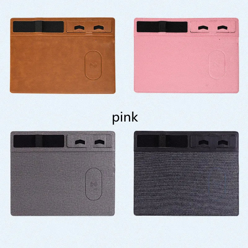 Wireless charging gaming mouse pad with integrated phone holder showing black colour option