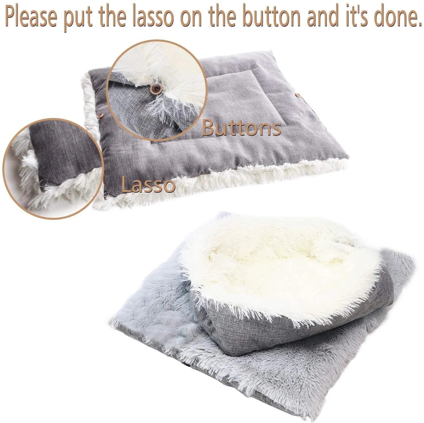 Grey and white pet blanket nest with plush surface and non-slip bottom measuring 61cm by 51cm