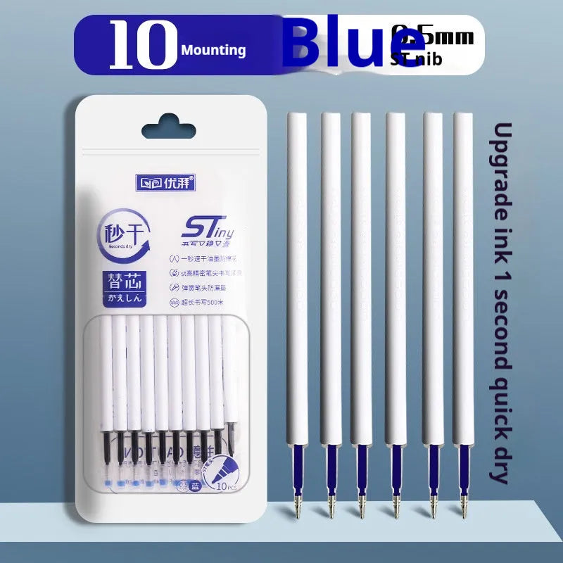 Quick-drying 500m pen refill in black, blue, ink blue, and red colours from a 10-bag pack.