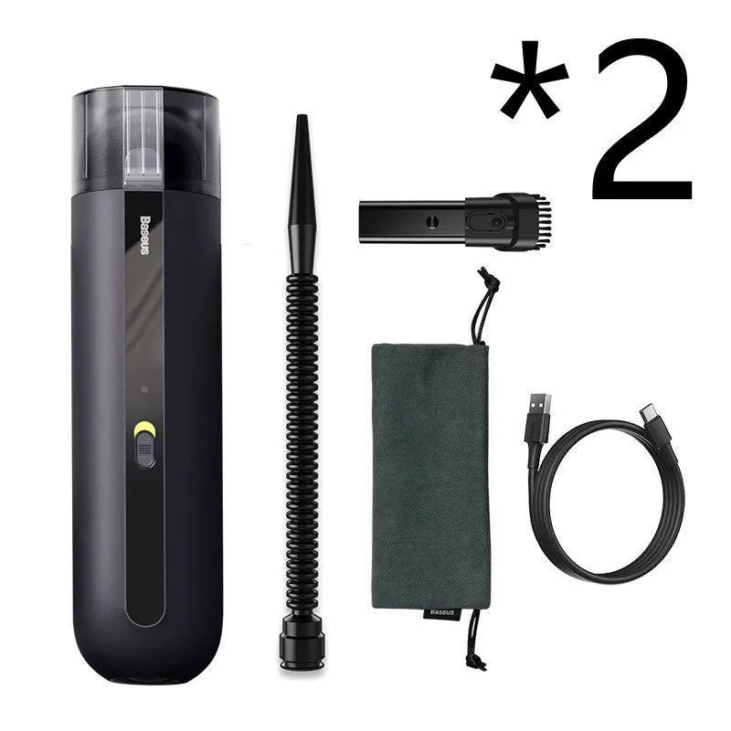 Baseus wireless handheld car vacuum cleaner in black, shown with blowing hose attachment and Type-C charging cable.