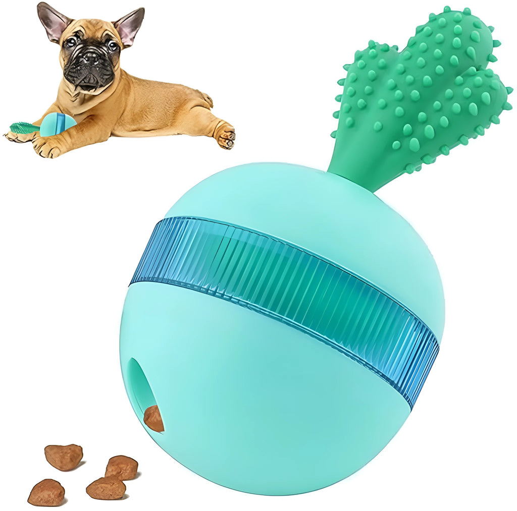 Blue interactive rubber dog treat dispensing ball toy for medium large breeds