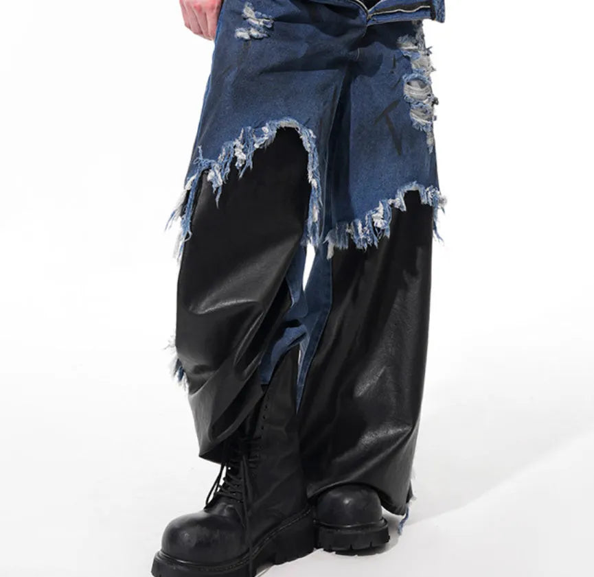 Blue hand painted letters dirty dyed raw hem ripped straight-leg denim pants for teenagers