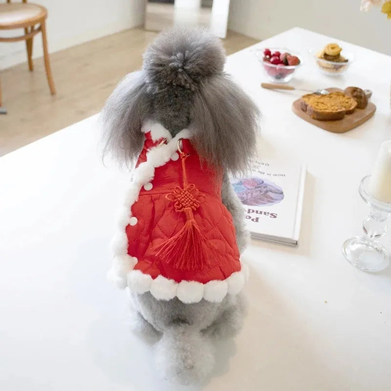 Red Chinese-style pet clothing with thick fur collar and knot detailing for dogs and cats