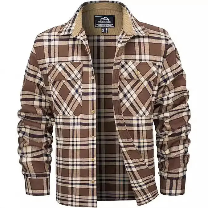 Men's polyester flannel button shirt with plaid pattern in multiple colour options