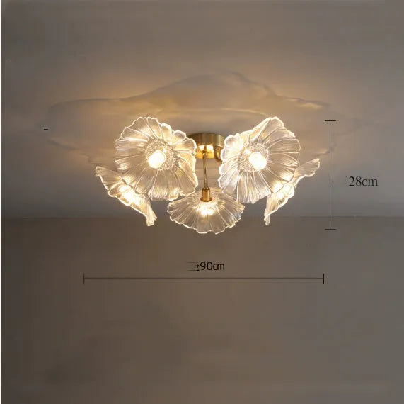 Modern white and purple floral design ceiling lamp with multiple flower heads for bedroom or hall.