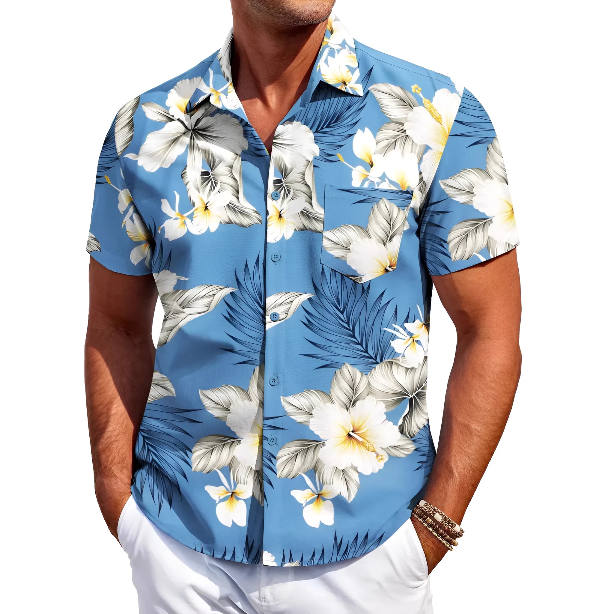 Men's slim fit Hawaiian short sleeve cardigan shirt in elastic polyester fabric on a model.