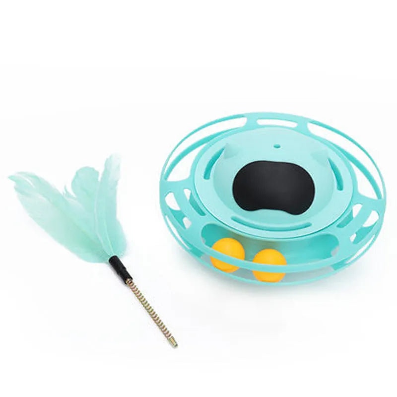 Pink cat tumbler turntable toy on a floor for feline self-play