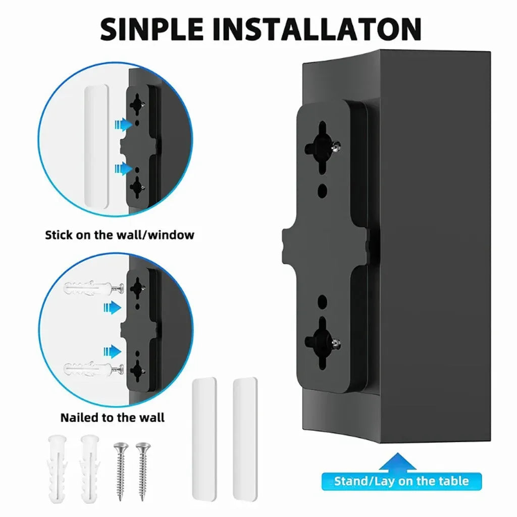 Black plastic digital HD television antenna with mounting screws, expansion tubes, cable ties, and adhesive tape.