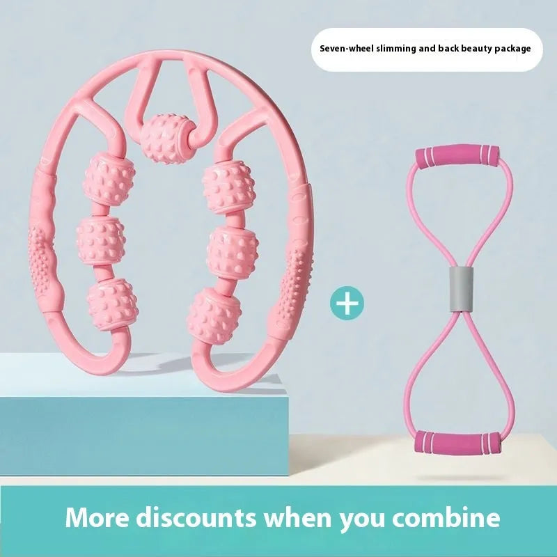 A handheld leg massage roller clip with multiple wheels, shown in a pink colour option.