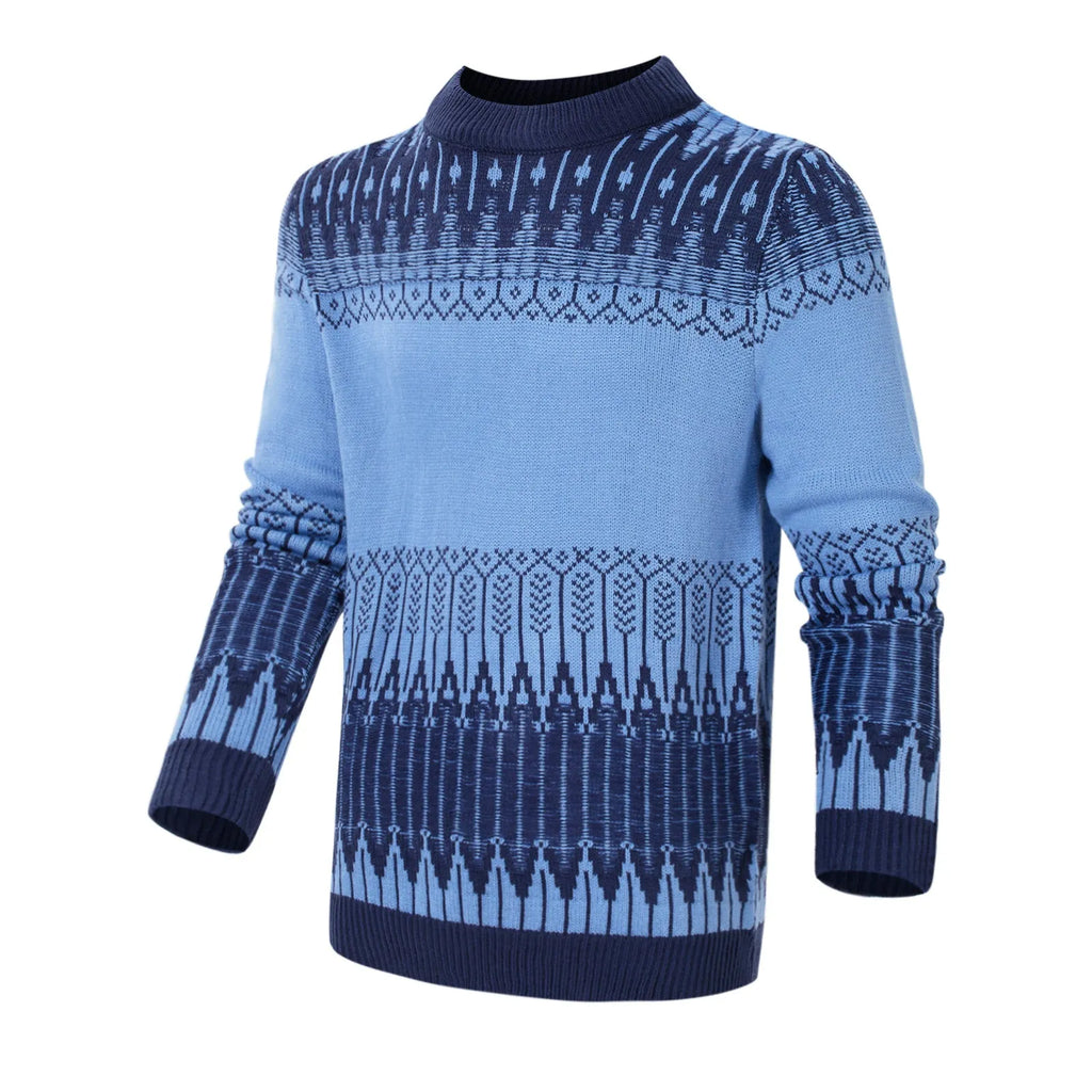 Men's knitted long-sleeved pullover sweater on a hanger, available in multiple sizes and styles.