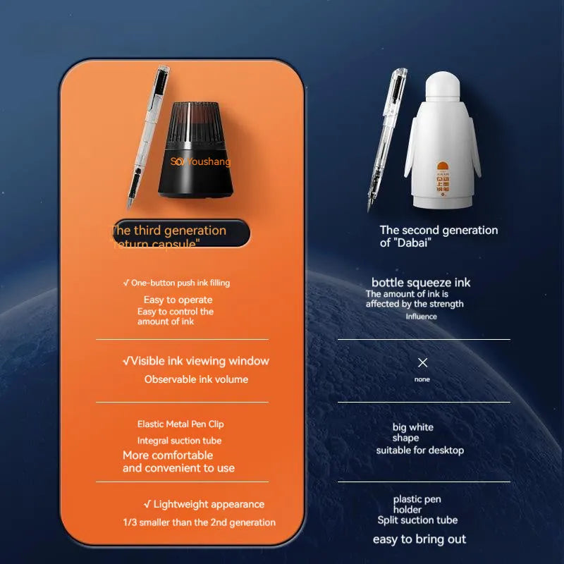 Automatic suction pen set with plastic shell, ink feeder and choice of pen head sizes