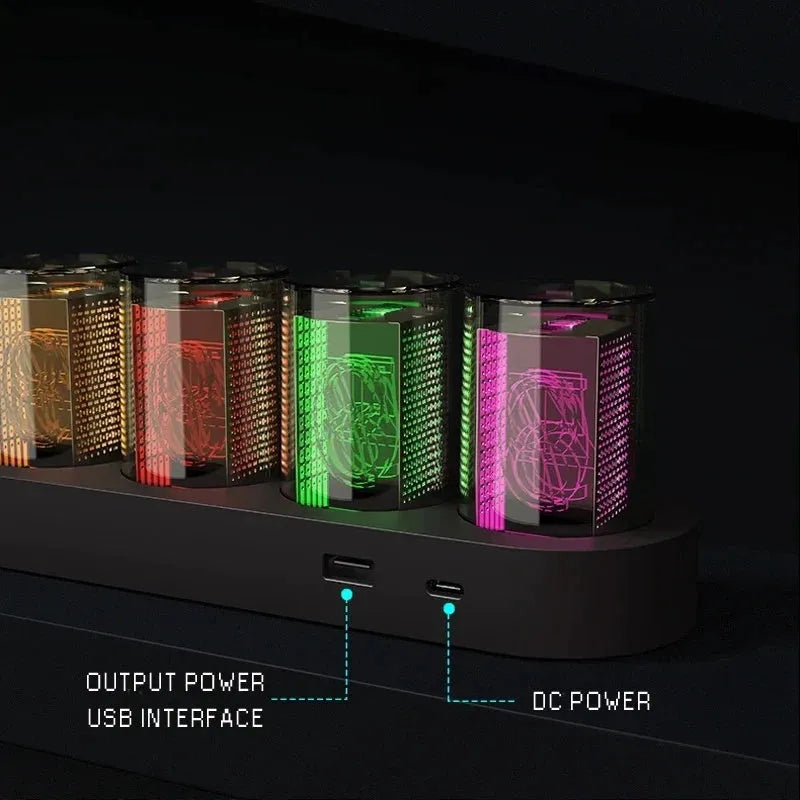 RGB LED digital tube clock displaying time with colourful lighting effects on desk
