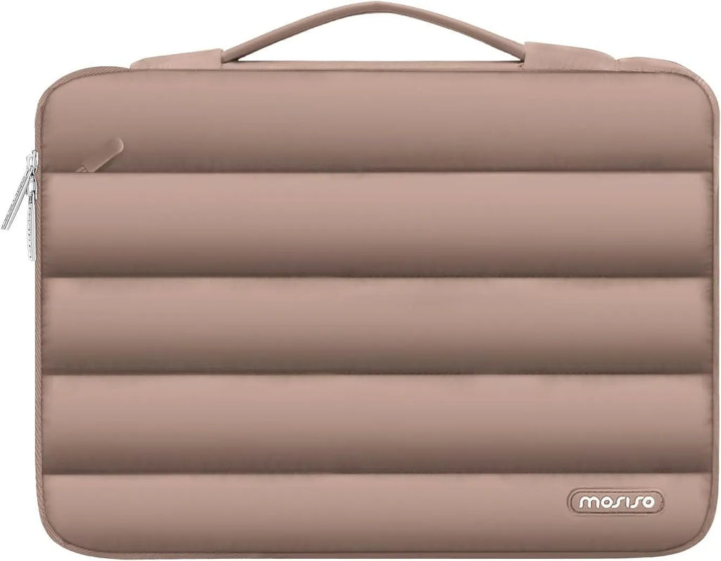 Velvet laptop bag with plaid pattern in light brown colour showing structured storage for 13.3-inch devices