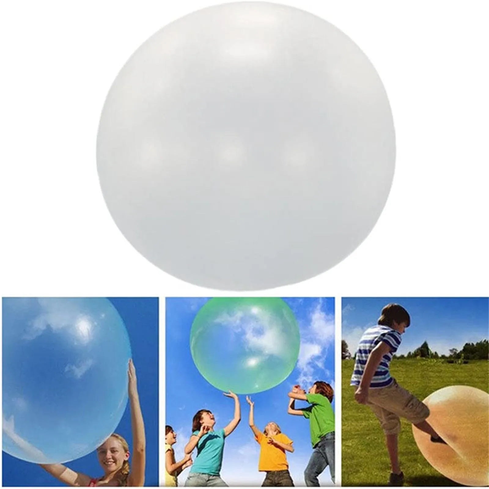 Inflatable TPR bouncy ball in pink, yellow, green, and blue colours with size options from 40 cm to 120 cm diameter