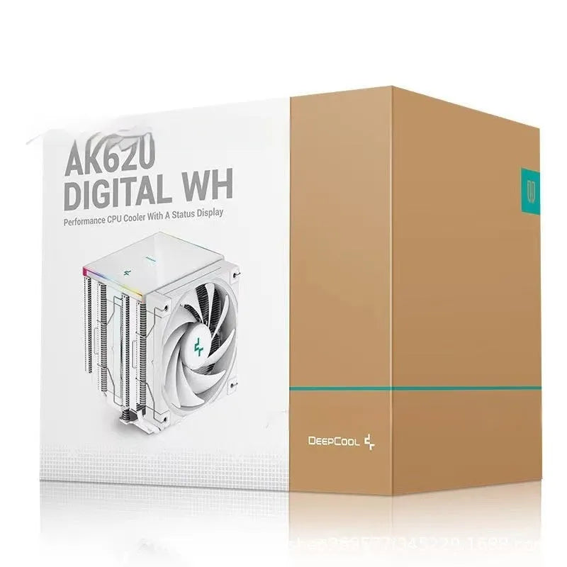 Black tower CPU air cooler with fan and aluminium fins, showing digital display on side.