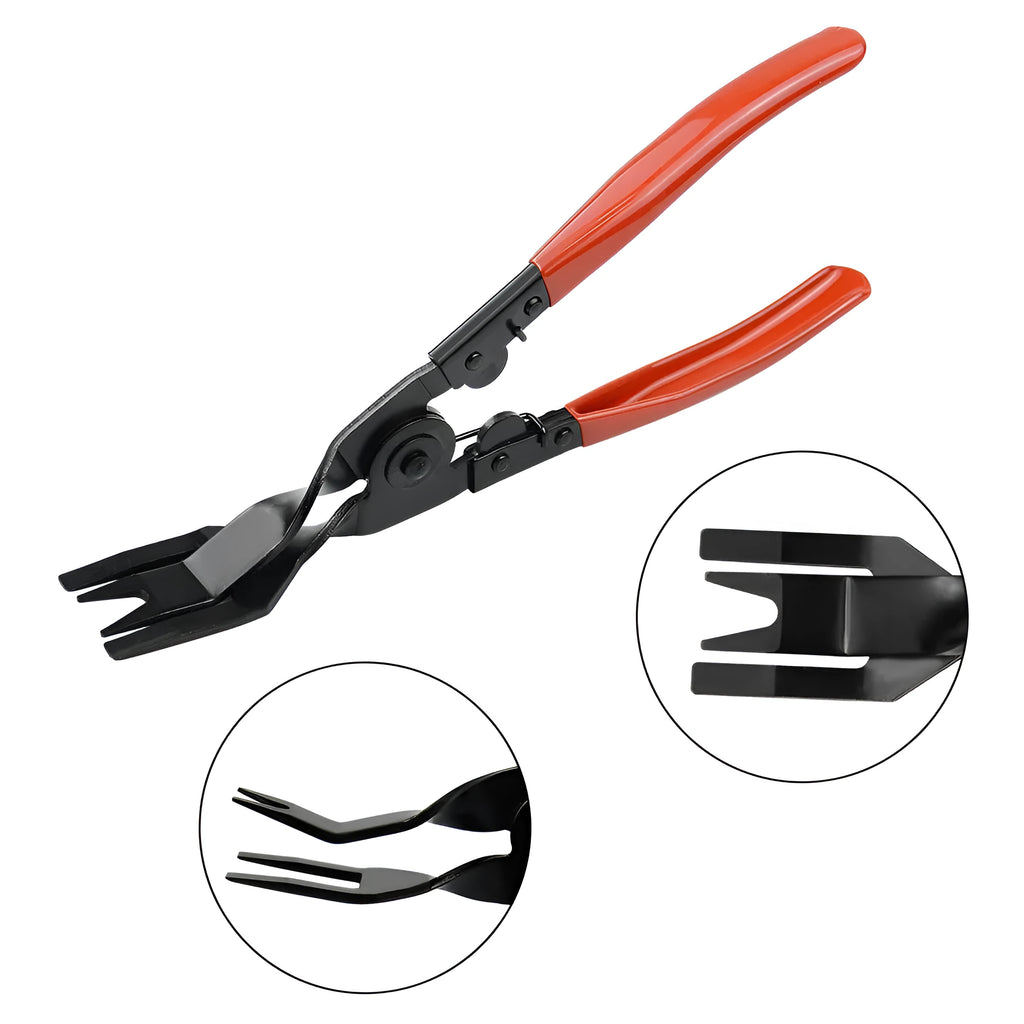 Red-handled steel pliers for automotive door panel clip fastening on GM vehicles.