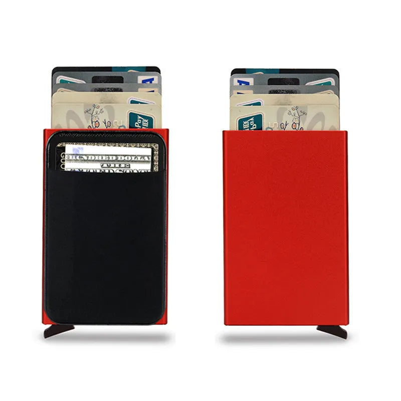 Frosted metal slim credit card wallet in aluminium alloy showing colour options.