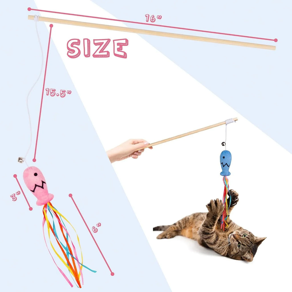 Interactive cat wand toy with colourful ribbons, bell, and catnip fish on a wooden handle.