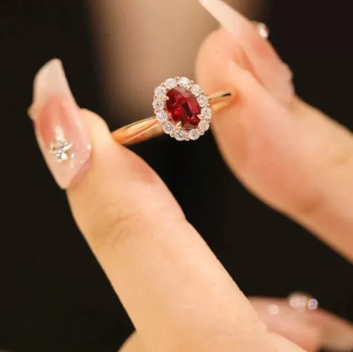 Women's sterling silver ring with gold pigeon red blood gemstone floral inlay