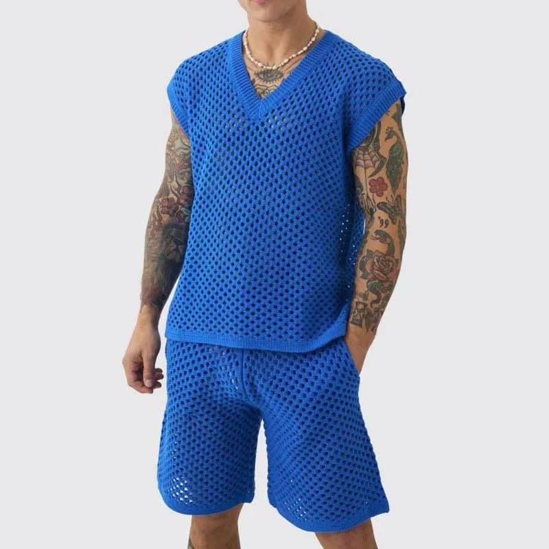 Men's blue V-neck sleeveless vest with matching shorts sports outfit