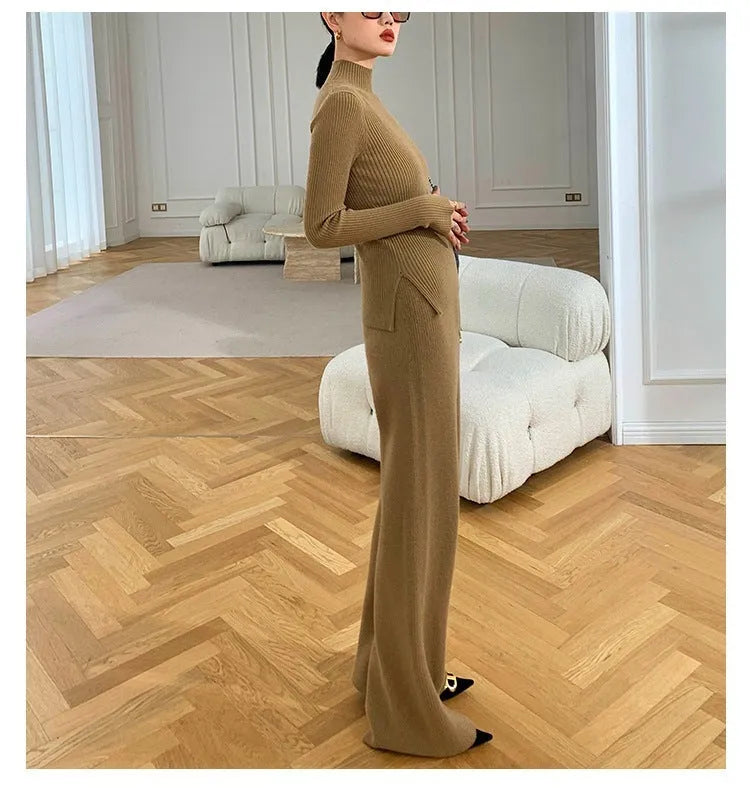 Women's apricot knitted three-piece set showing wide-leg trousers, V-neck top, and longline cardigan with leather stitching.