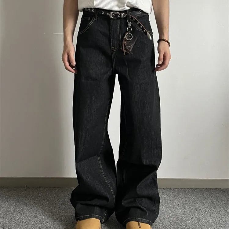 Black retro-style loose wide-leg jeans with straight-leg cut and zip placket closure
