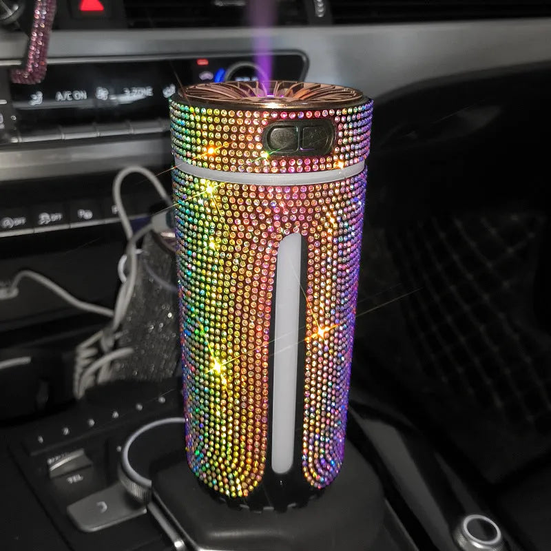 Luxury diamond rhinestone car humidifier with LED light, USB powered, 15x7x7cm, multi-colour options