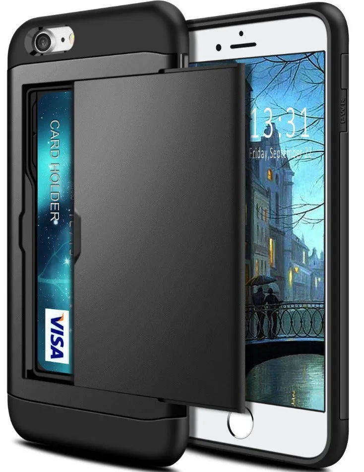 Black card shockproof hybrid wallet TPU case for iPhone with built-in card slot