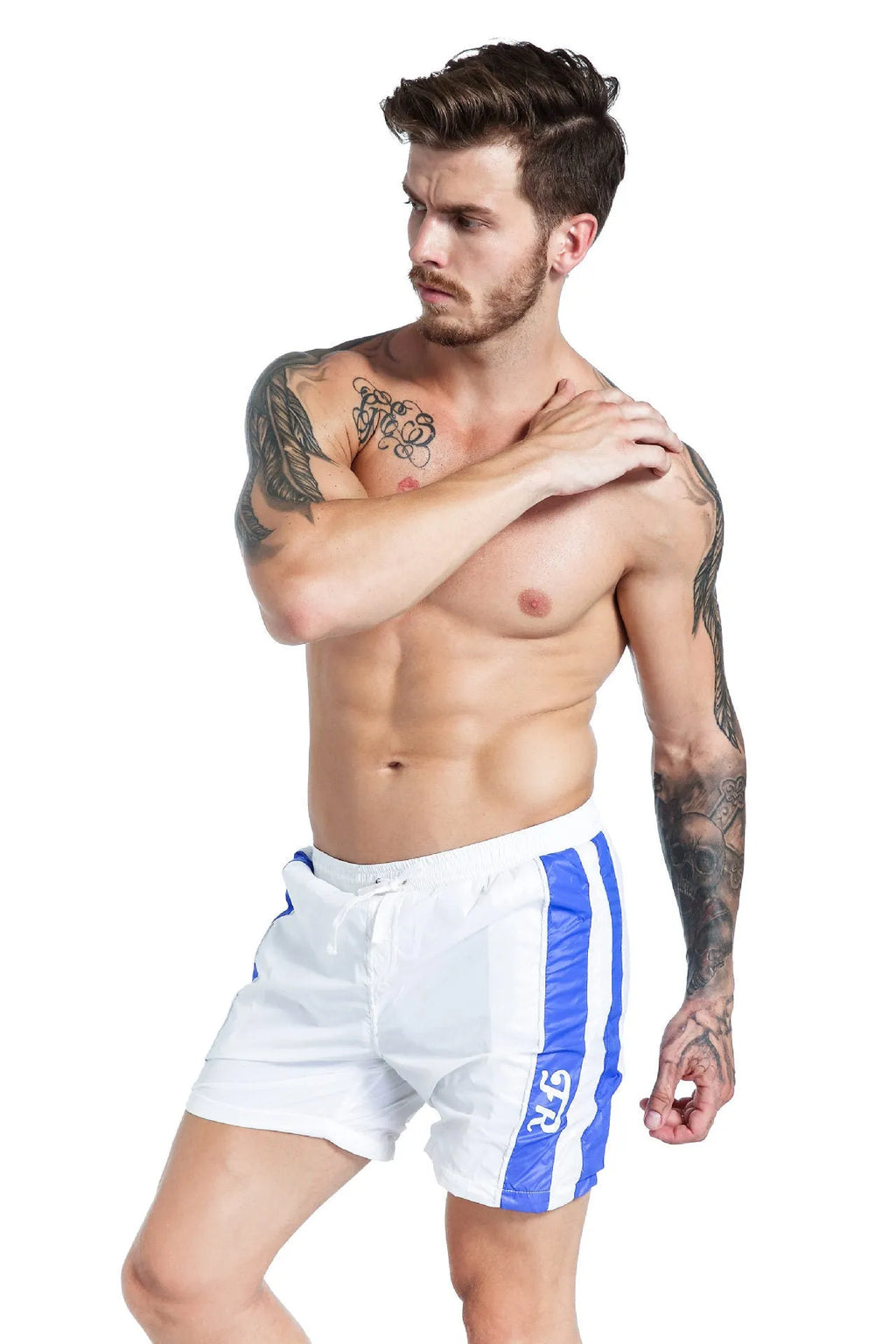 Blue men's lace-up sports shorts with padding on a white background.