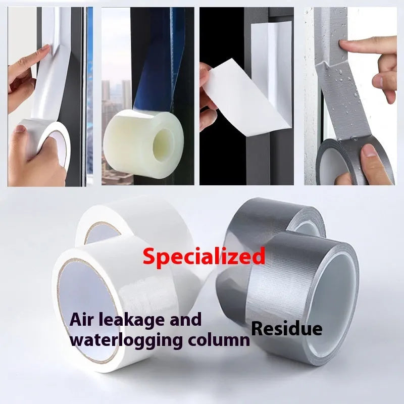 Windproof sealing tape roll for windows and doors in silver grey colour showing adhesive backing