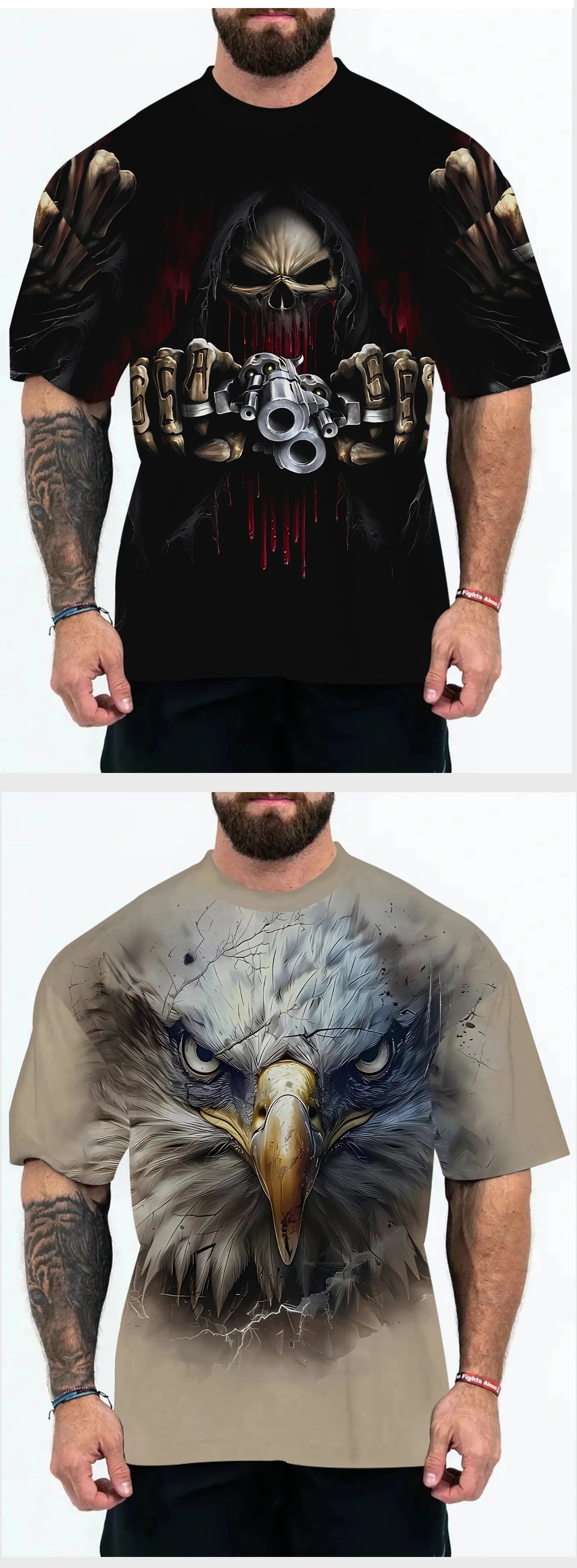 Men's loose fit graphic t-shirt with coloured letters or eagle head design in chemical fibre blend