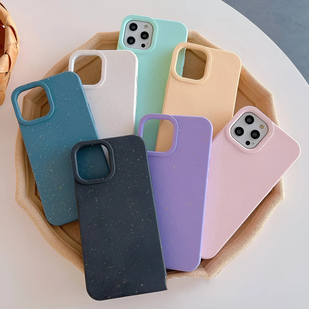 A wheat straw fibre composite phone case for iPhone 14 Pro Max in multiple colour options on a white background.