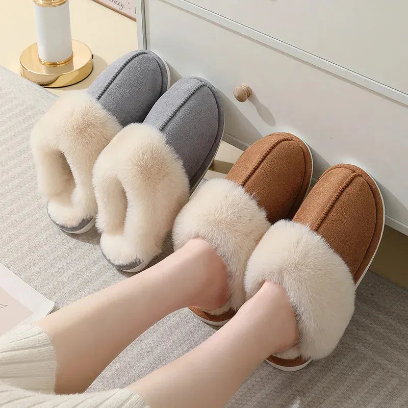 Women's plush winter slippers with round toe, available in brown, grey, pink and white.
