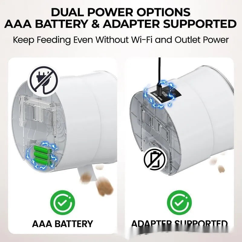 White plastic automatic pet feeder with button controls and UK plug for cats and dogs