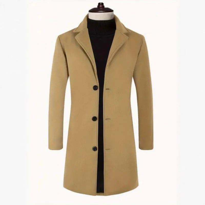 Men's loose fit solid colour trench coat in khaki, mid-length polyester outerwear with side seam pockets