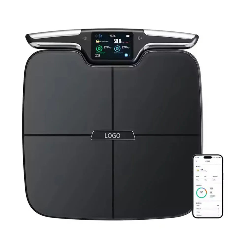 Black eight-electrode body fat scale with electronic display on 45x45cm platform