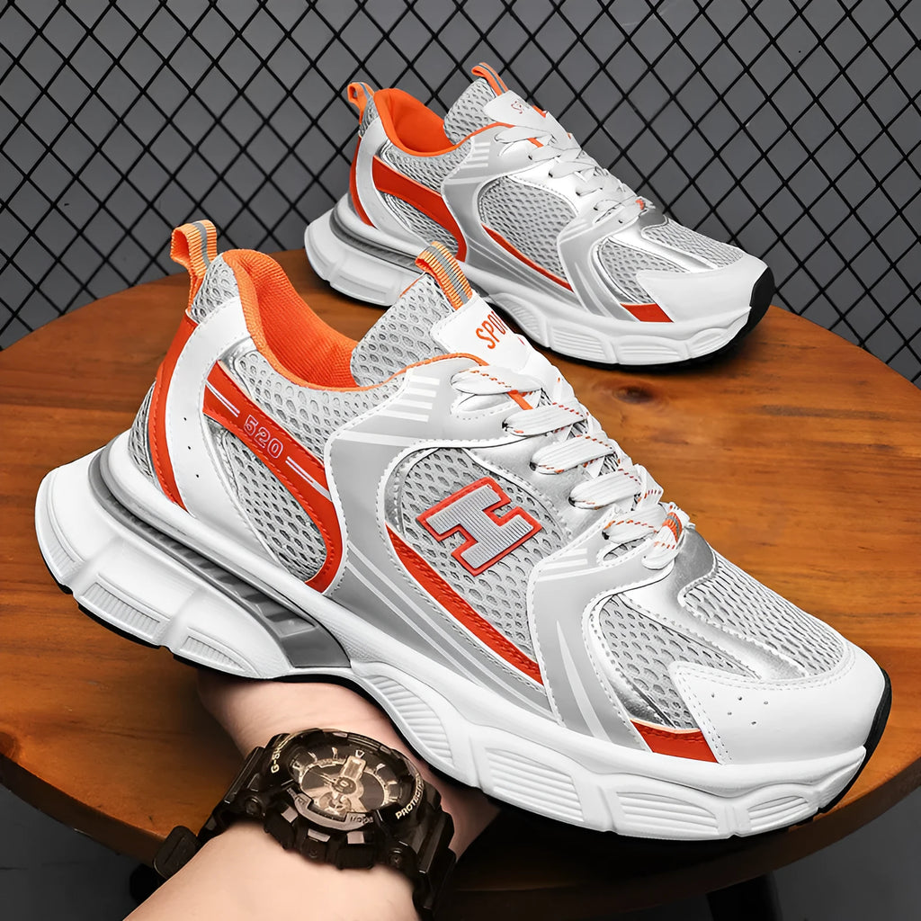 Men's mesh running shoes in three colour options showing round toe design and plastic sole construction
